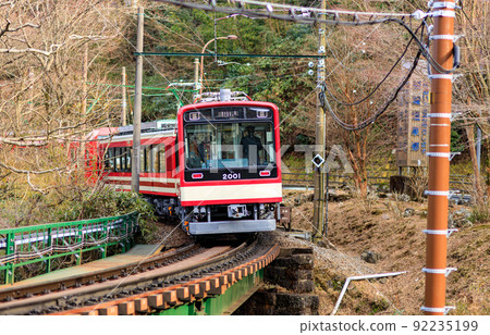 Hakone Tozan Railway vehicle passing through a curve near Gora Hakone Tozan Railway vehicle passing through a curve near Gora 92235199