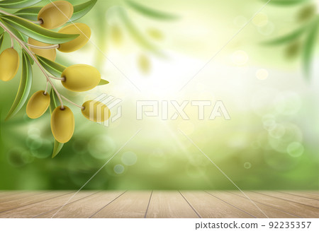 Green olive tree with ripe fruits. Above the wooden table. 92235357