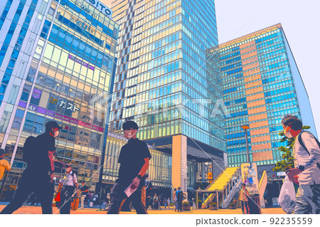 Illustrations of people and landscapes enjoying shopping in Akihabara on holidays 92235559