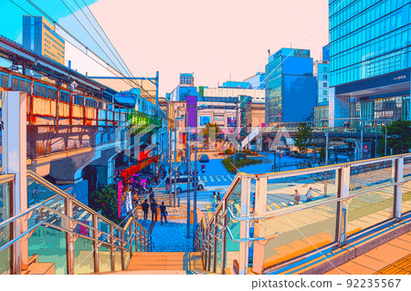 Illustrations of people and landscapes enjoying shopping in Akihabara on holidays 92235567