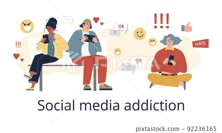 Social media addiction concept with people using smartphone, flat vector illustration on white. 92236165