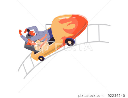 Cheerful smiling guys riding roller coaster, flat vector illustration isolated. 92236240