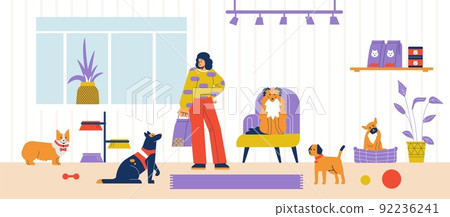 Smiling woman and many dogs in room, pet hotel flat style 92236241