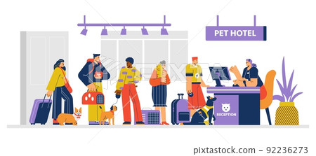 People with dogs and cats stand in line at reception in pet hotel flat style 92236273