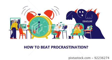 Procrastination, deadline and inefficient use of time banner, flat vector. 92236274