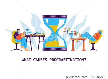 People procrastinate and resting while time in hourglasses is running out, flat vector illustration on white background. 92236275
