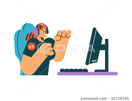 Excited woman playing video games on computer, flat vector illustration isolated on white background. Excited woman playing video games on computer, flat vector illustration isolated on white background. 92236340