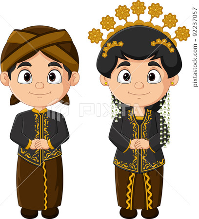 Cartoon Indonesian couple wearing Javanese traditional clothes 92237057