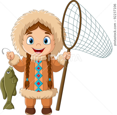 Cartoon eskimo girl catching a fish with net 92237106