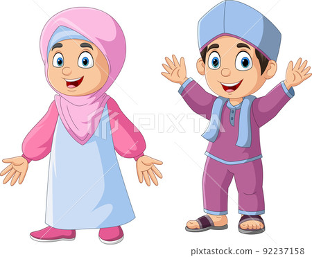 Happy muslim boy and girl cartoon - Stock Illustration [92237158] - PIXTA