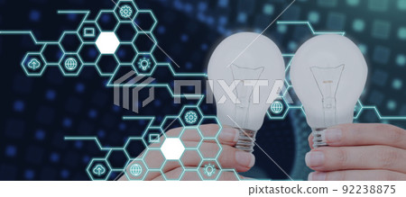 Hands Of Businesswoman Holding Electric Bulbs By Digital Graphical Multiple S And Hexagon Shape. Woman With Lights Presenting New Ideas For Progress Of Business. Hands Of Businesswoman Holding Electric Bulbs By Digital Graphical Multiple S And Hexagon Shape. Woman With Lights Presenting New Ideas For Progress Of Business. 92238875