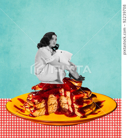 Contemporary art collage. Creative design. Desperate, sad woman sitting on delicious sweet pancakes. Stress-eating 92239708