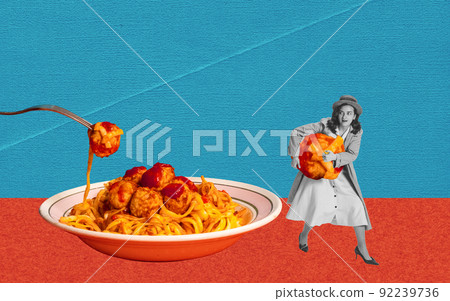 Contemporary art collage. Creative design. Funny image of young woman stealing meatball from delicious pasta dish 92239736