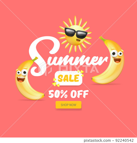 Summer sale funny square banner with cartoon sun and funky banana character isolated on summer pink background. Vector 3d horizontal summer hot sale poster, flyer, banner, tag and background 92240542
