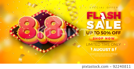 Shopping Day Flash Sale Design with 3d 8.8 Number and Light Bulb Billboard on Yellow Background. Vector 8 August Special Offer Illustration for Coupon, Voucher, Banner, Flyer, Promotional Poster Shopping Day Flash Sale Design with 3d 8.8 Number and Light Bulb Billboard on Yellow Background. Vector 8 August Special Offer Illustration for Coupon, Voucher, Banner, Flyer, Promotional Poster 92240811