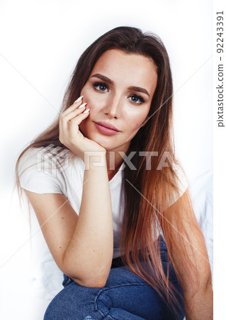 young pretty stylish blond girl posing emotional isolated on white background happy smiling cool smile, lifestyle people concept close up young pretty stylish blond girl posing emotional isolated on white background happy smiling cool smile, lifestyle people concept close up 92243391