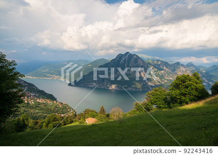 amazing drone view of Iseo lake and Mount Corna Trentapassi 92243416