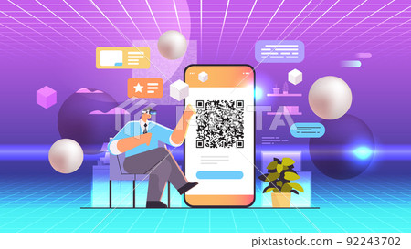 businessman in virtual reality glasses scanning QR code on smartphone screen readable barcode verification businessman in virtual reality glasses scanning QR code on smartphone screen readable barcode verification 92243702