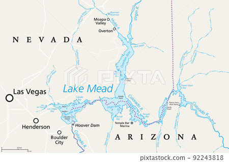 Lake Mead, largest reservoir in the US, political map. Formed by the Hoover Dam on the Colorado River in the Southwestern United States, located in the states of Nevada and Arizona, east of Las Vegas. Lake Mead, largest reservoir in the US, political map. Formed by the Hoover Dam on the Colorado River in the Southwestern United States, located in the states of Nevada and Arizona, east of Las Vegas. 92243818