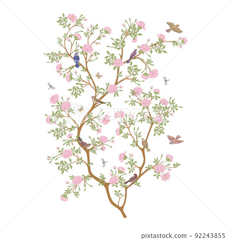 Camellia blossom tree With sparrow, finches, butterflies, dragonflies. 92243855