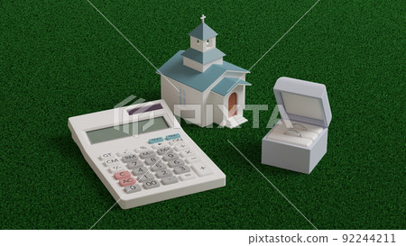 3D rendered illustration of a ring, a miniature chapel, and a calculator placed on a flat surface 92244211