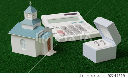 3D rendered illustration of a ring, a miniature chapel, and a calculator placed on a flat surface 92244219