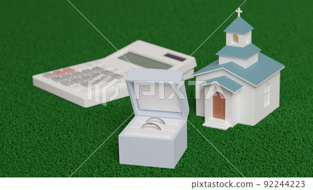 放置在平面上的戒指、微型教堂和計算器的 3D 渲染插圖 放置在平面上的戒指、微型教堂和計算器的 3D 渲染插圖 92244223