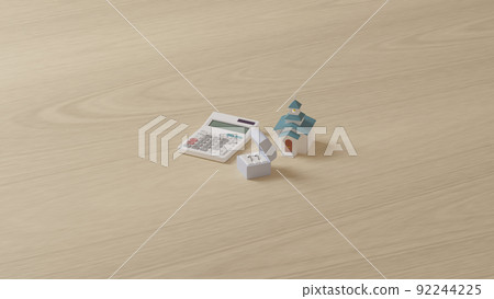 放置在平面上的戒指、微型教堂和計算器的 3D 渲染插圖 92244225