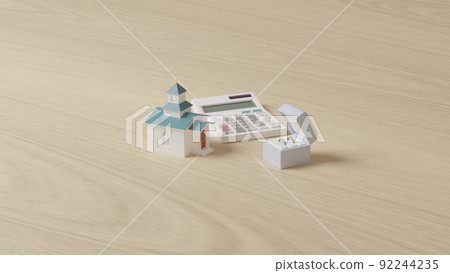 放置在平面上的戒指、微型教堂和計算器的 3D 渲染插圖 放置在平面上的戒指、微型教堂和計算器的 3D 渲染插圖 92244235
