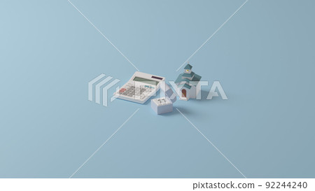 放置在平面上的戒指、微型教堂和計算器的 3D 渲染插圖 放置在平面上的戒指、微型教堂和計算器的 3D 渲染插圖 92244240