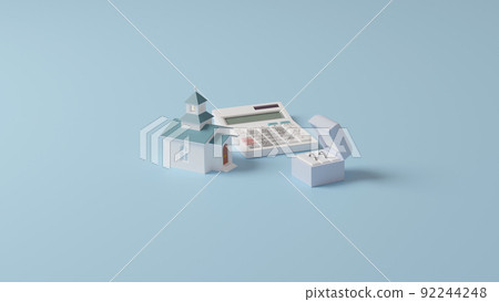 放置在平面上的戒指、微型教堂和計算器的 3D 渲染插圖 放置在平面上的戒指、微型教堂和計算器的 3D 渲染插圖 92244248
