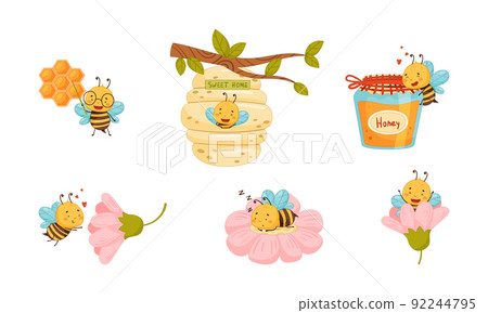 Collection cute bee characters. Apiary and beekeeping concept vector illustration Collection cute bee characters. Apiary and beekeeping concept vector illustration 92244795