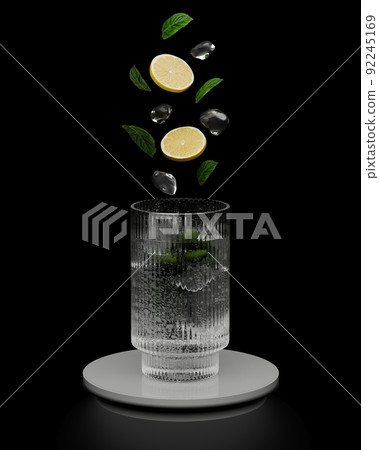 Lemon slices, ice cubs and mint leaves falling into glass with drink on black background, 3d rendering Lemon slices, ice cubs and mint leaves falling into glass with drink on black background, 3d rendering 92245169
