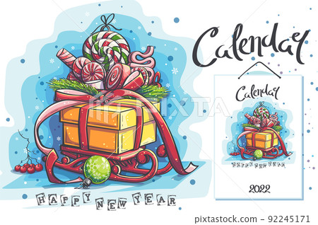 Calendar cover 2022. the box with gifts and chocolates on a winter red sleigh 92245171