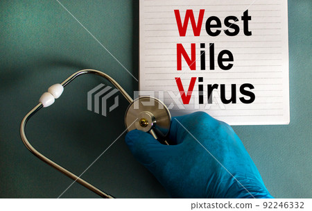 Hand in blue glove with stethoscope, white card with words 'West Nile virus'. Medical epidemic concept. 92246332