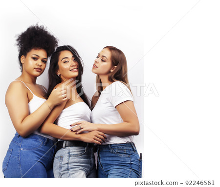 different nation woman: african-american, caucasian, asian together isolated on white background happy smiling, diverse type on skin, lifestyle people concept close up 92246561