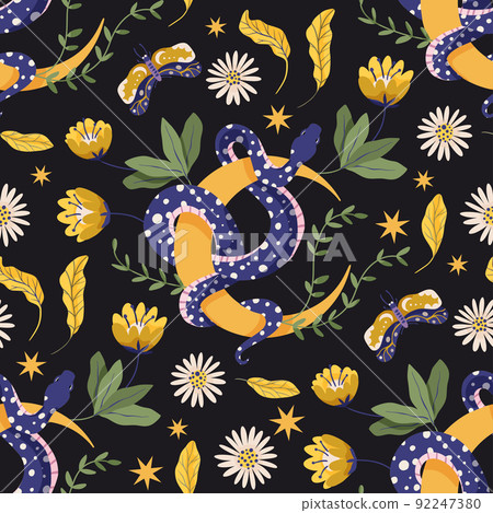 Snake and flower seamless vector pattern - Stock Illustration [92247380 ...