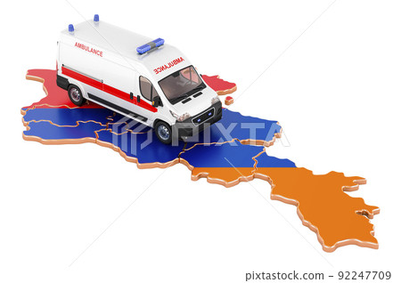 Emergency medical services in Armenia. Ambulance van on the Armenian map. 3D rendering 92247709