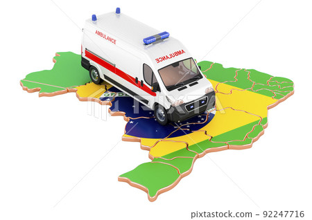 Emergency medical services in Brazil. Ambulance van on the Brazilian map. 3D rendering Emergency medical services in Brazil. Ambulance van on the Brazilian map. 3D rendering 92247716