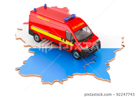 Emergency medical services in Luxembourg. Ambulance van on the Luxembourgish map. 3D rendering Emergency medical services in Luxembourg. Ambulance van on the Luxembourgish map. 3D rendering 92247743