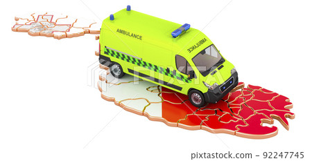Emergency medical services in Malta. Ambulance van on the Maltese map. 3D rendering Emergency medical services in Malta. Ambulance van on the Maltese map. 3D rendering 92247745