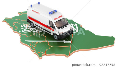 Emergency medical services in Saudi Arabia. Ambulance van on the Saudi Arabian map. 3D rendering 92247758
