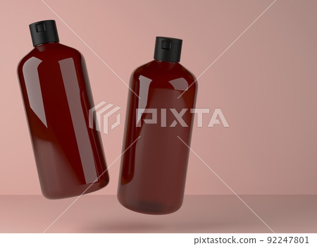 Two transparent brown plastic shampoo bottles floating on studio background, 3D render of cosmetic packaging design ready mockup 92247801