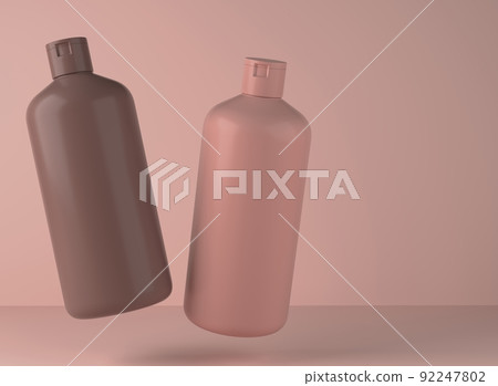 Two brown and beige plastic shampoo bottles floating on studio background, 3D render of cosmetic packaging design ready mockup 92247802