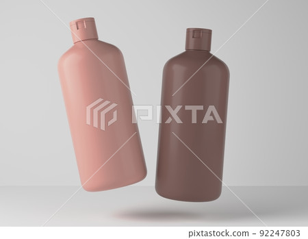 Two brown and beige plastic shampoo bottles floating on studio background, 3D render of cosmetic packaging design ready mockup 92247803