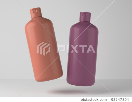 Two plastic shampoo bottles floating on studio background, 3D render of cosmetic packaging design ready mockup 92247804