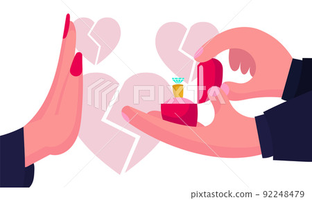 Refuse marriage and failure proposal rejection wedding. Heart break and woman reject diamond ring vector illustration. Engage marry love and refusal man. People problem with lover and dating wife Refuse marriage and failure proposal rejection wedding. Heart break and woman reject diamond ring vector illustration. Engage marry love and refusal man. People problem with lover and dating wife 92248479