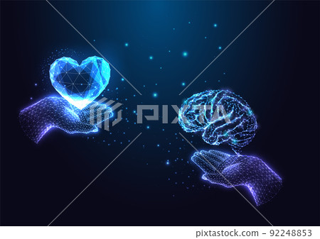 Emotional intelligence, empathy concept with hands holding brain and heart shape in glowing style  92248853
