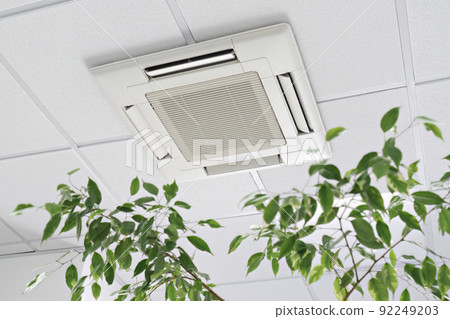 Closeup cassette Air Conditioner on ceiling in modern light office or apartment with green ficus plant leaves. Indoor air quality 92249203
