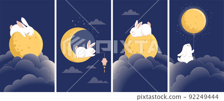 Mid Autumn Festival Concept Story Design with Cute Rabbits, Bunnies and Moon Illustrations. Chinese Mid Autumn Festival Concept Story Design with Cute Rabbits, Bunnies and Moon Illustrations. Chinese 92249444